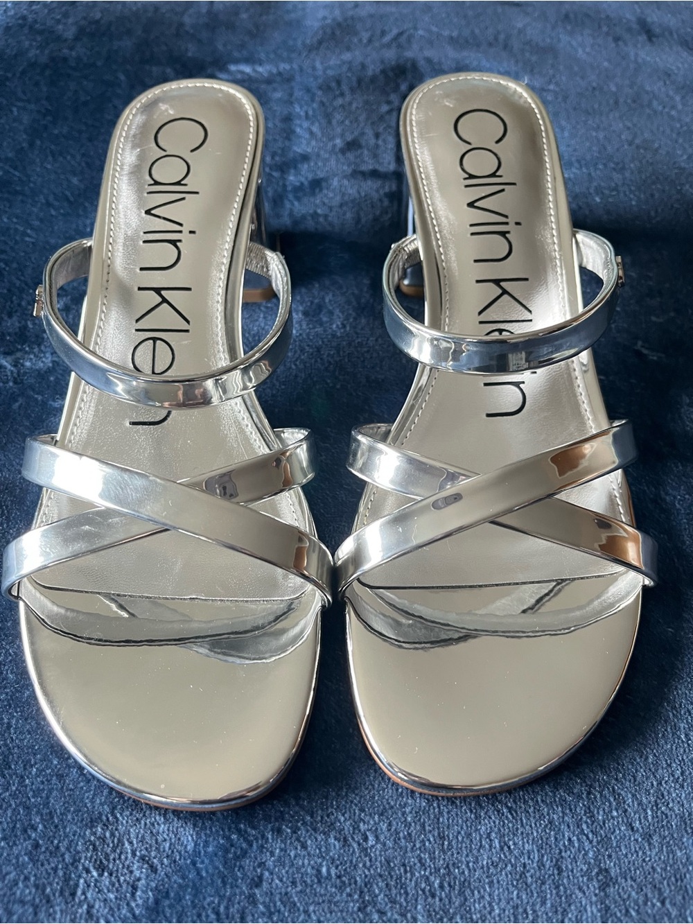 Calvin Klein Metallic Silver Cross-Strap Slide Sandals